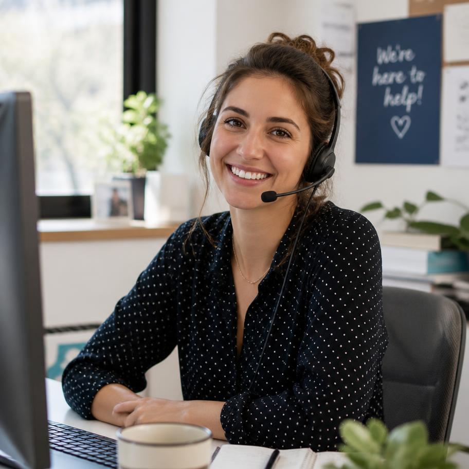 Smiling CXL customer care advisor wearing a headset at her desk