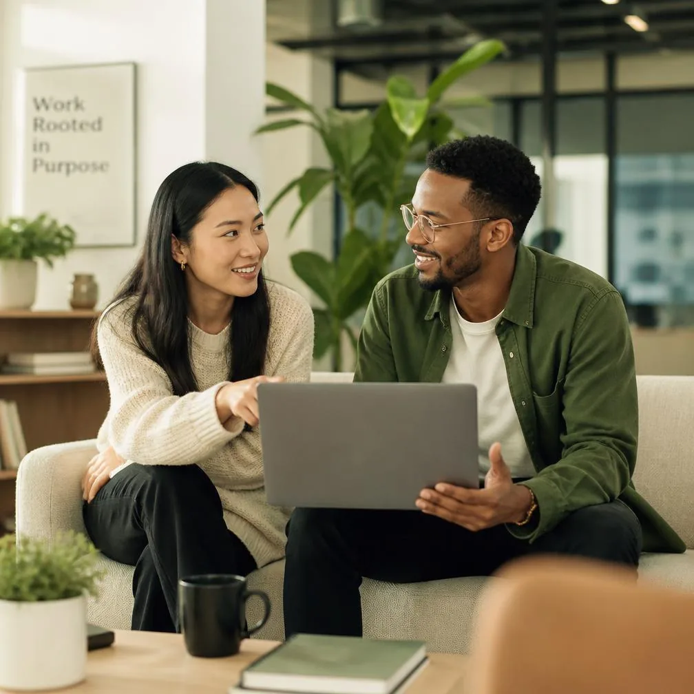 Two colleagues reviewing work together on a laptop in an office lounge